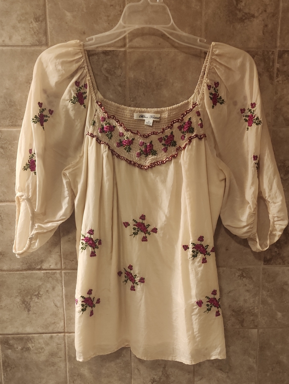 Boho Embroidered Cream Peasant Top with Pink Floral Embroidery